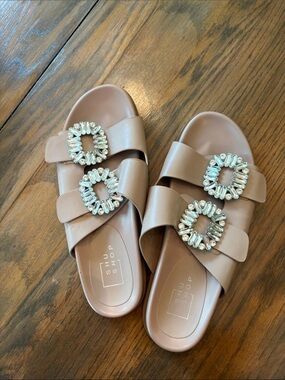 Shu Shop Nude Bejeweled Double Strap Slide Sandals